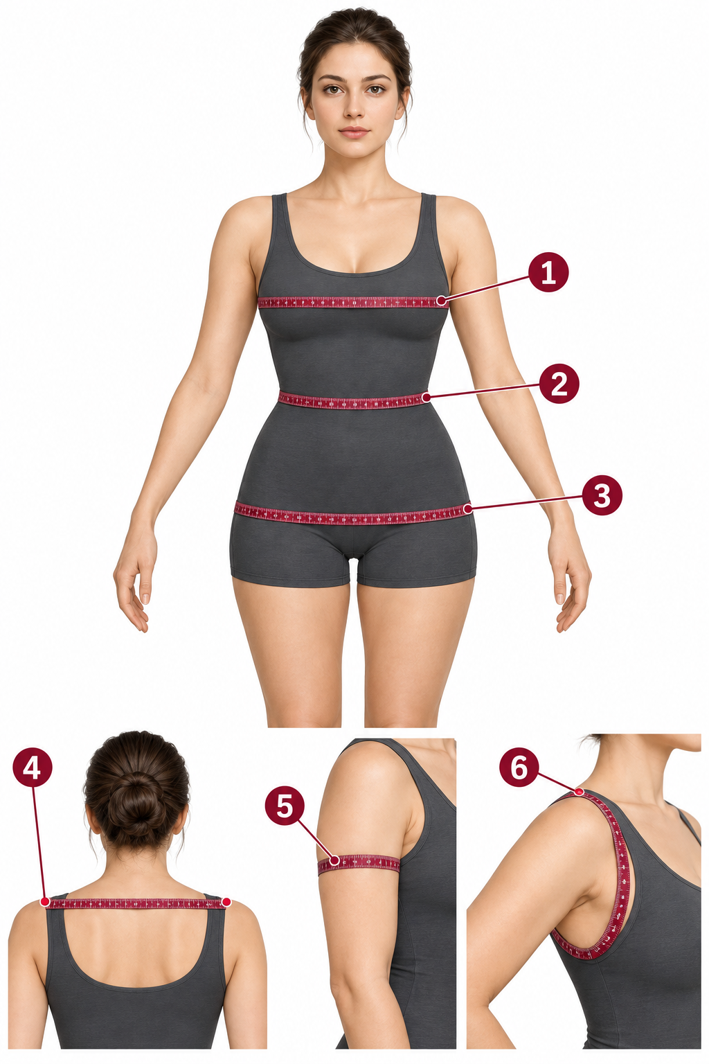 ตำแหน่งวัดตัว: อก เอว สะโพก ไหล่ ต้นแขน และรอบรักแร้ / Body measurement positions